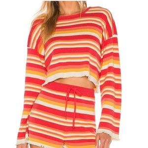 Lovers + Friends Dita Sweater Cropped Multi Stripe Orange Cream Wide Sleeve